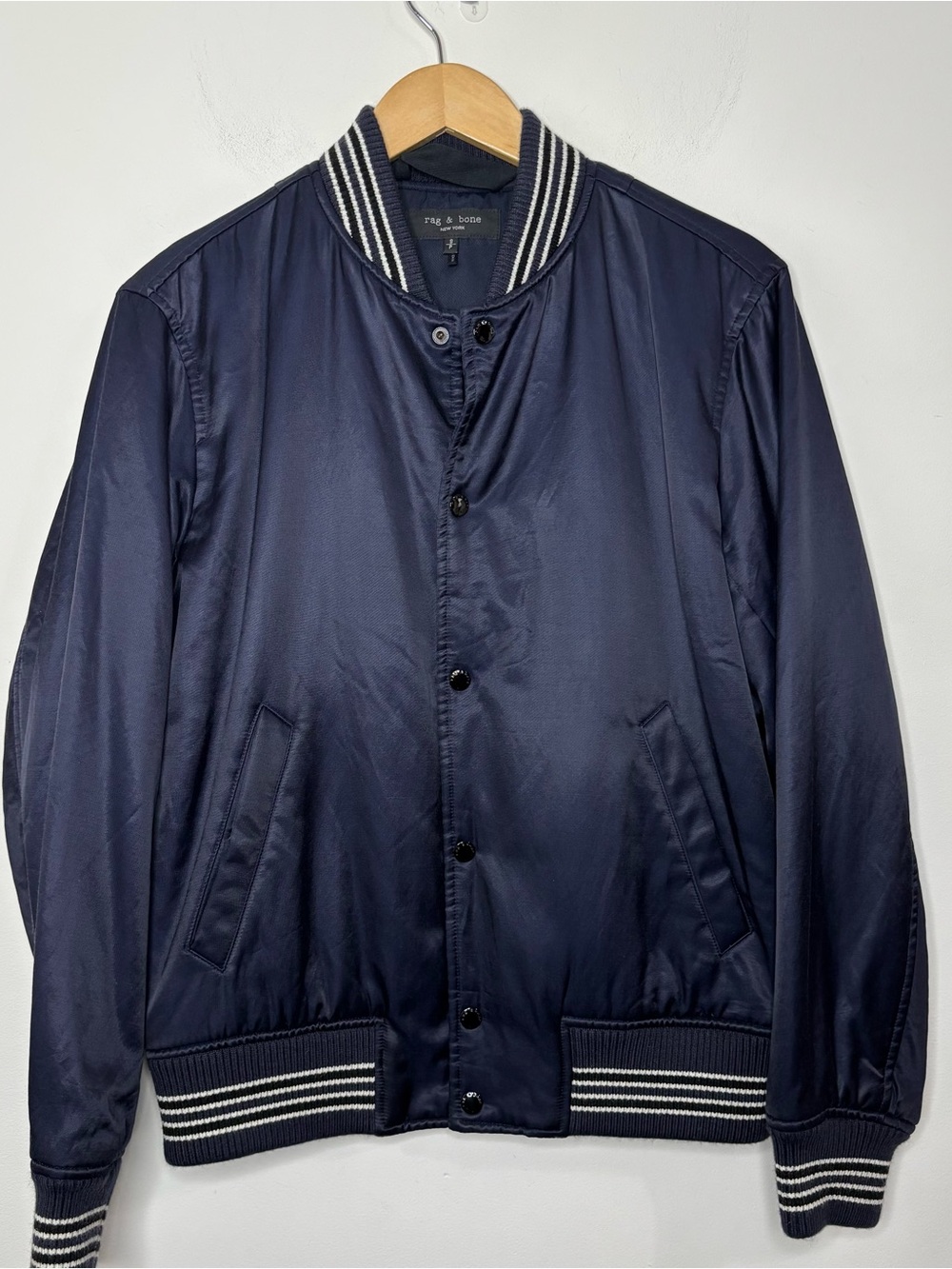Rag & Bone New York Dugout Blue Navy Satin Bomber Men's S